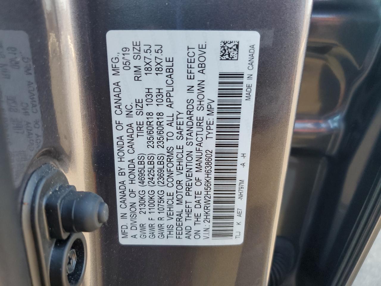 2019 Honda CR-V VIN 2HKRW2H56KH638602 Copart auction photo, front end damage thumbnail 13