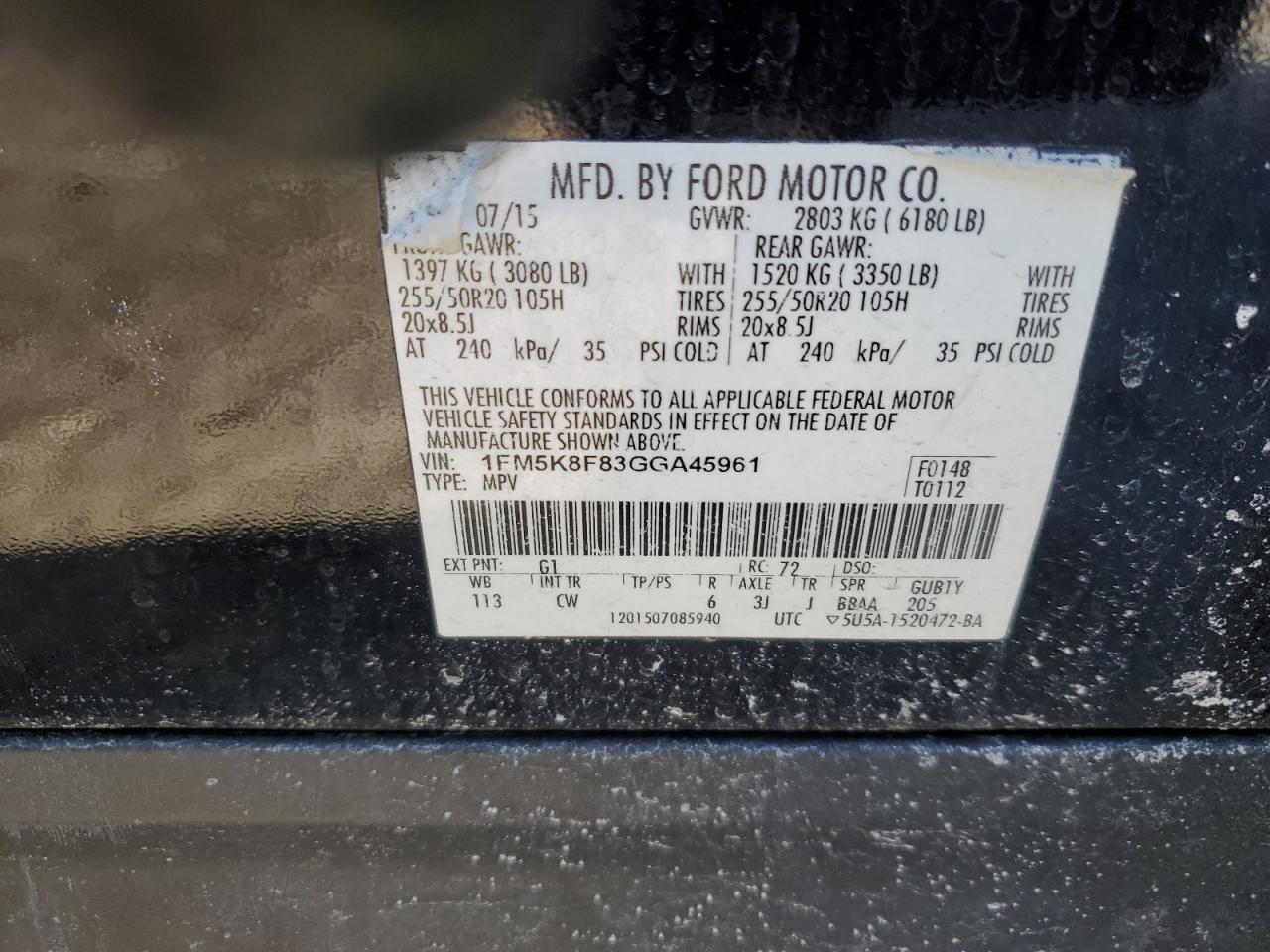 2016 Ford Explorer VIN 1FM5K8F83GGA45961 Copart auction photo, front end damage thumbnail 13