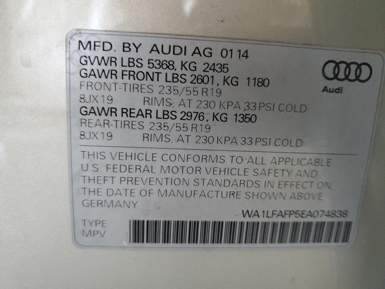 2014 Audi Q5 VIN WA1LFAFP5EA074838 Copart auction photo, front end damage thumbnail 13