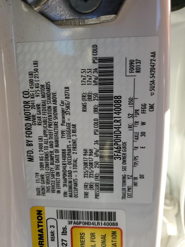 2020 Ford Fusion VIN 3FA6P0HD4LR140088 Copart auction photo, all over damage thumbnail 14