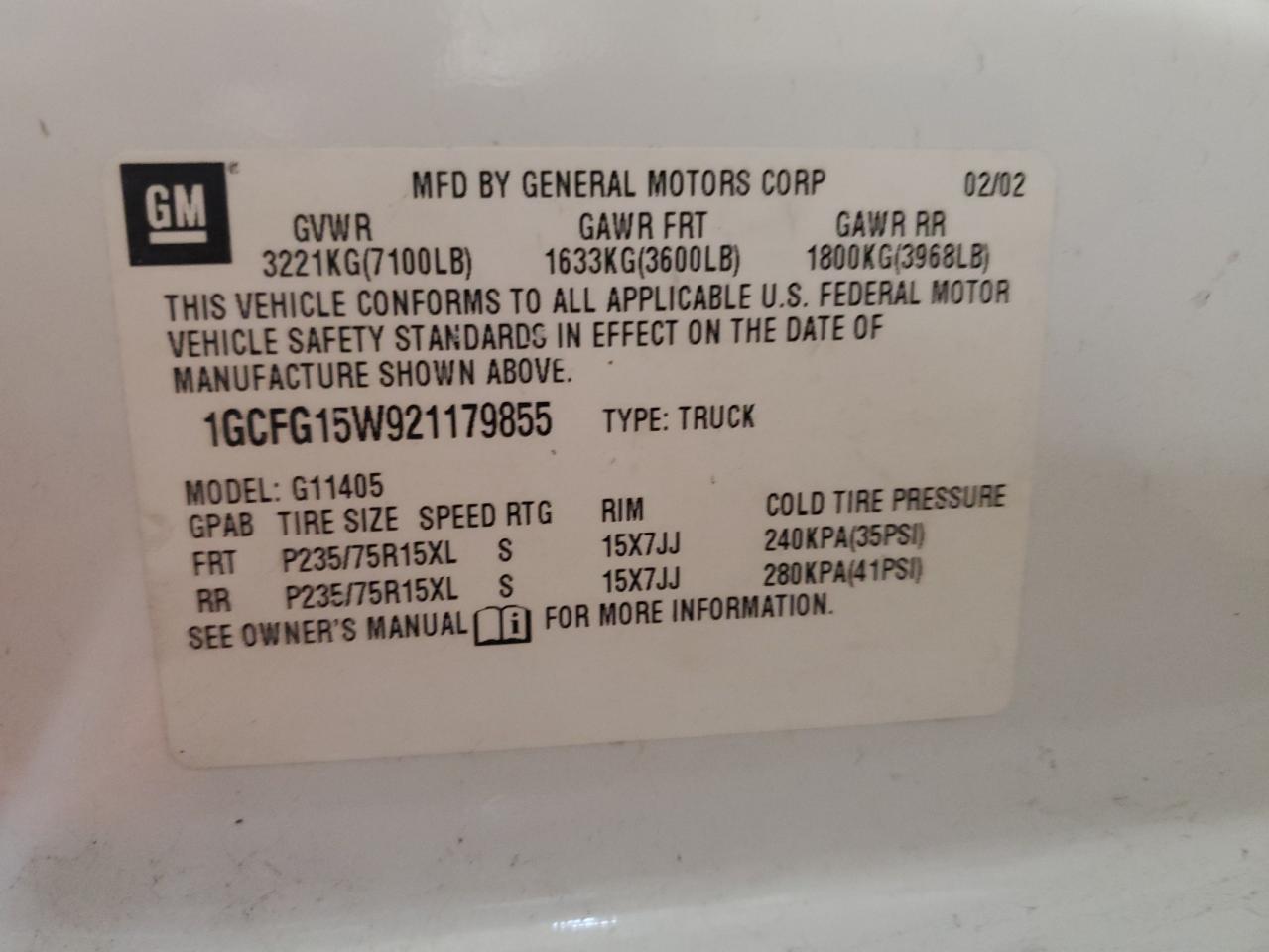 2002 Chevrolet Express VIN 1GCFG15W921179855 Copart auction photo, front end damage thumbnail 12