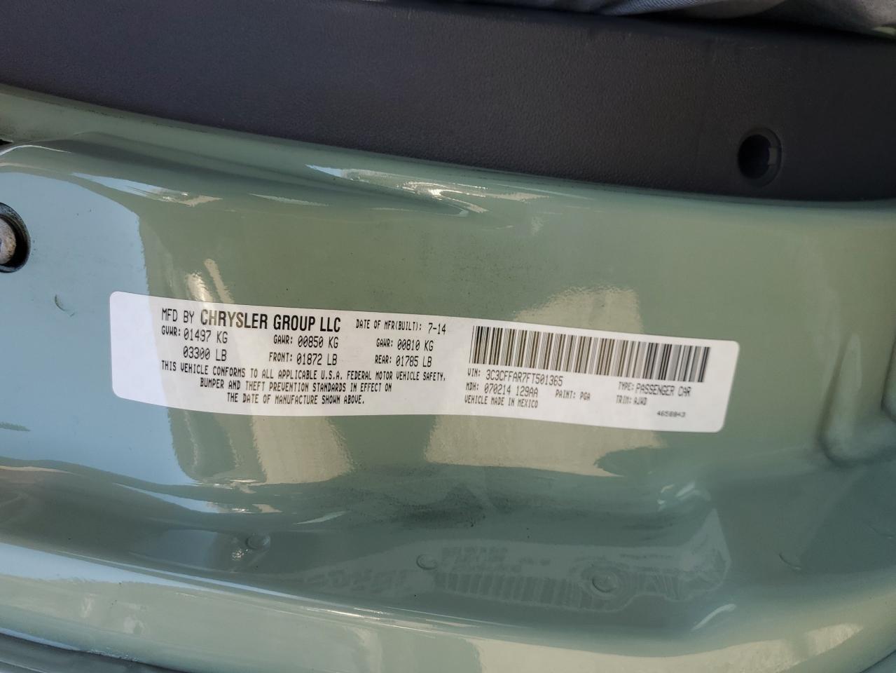 2015 Fiat 500 VIN 3C3CFFAR7FT501365 Copart auction photo, all over damage thumbnail 13