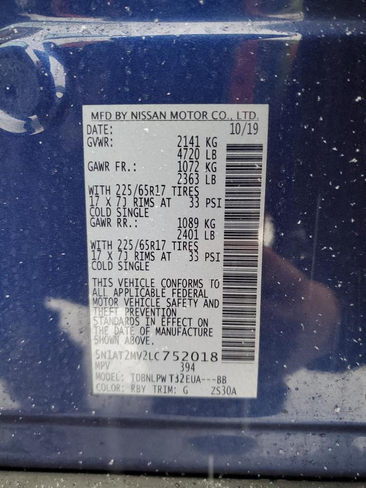 2020 Nissan Rogue VIN 5N1AT2MV2LC752018 Copart auction photo, front end / minor dent/scratches damage thumbnail 12
