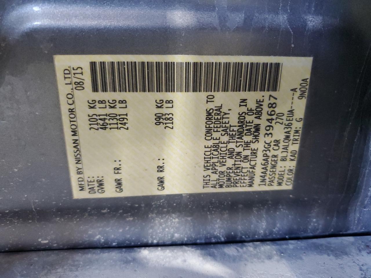 2016 Nissan Maxima VIN 1N4AA6AP3GC394687 Copart auction photo, rear end / side damage thumbnail 12