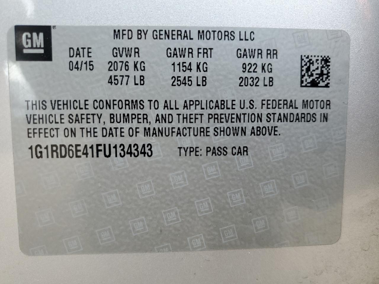 2015 Chevrolet Volt VIN 1G1RD6E41FU134343 Copart auction photo, mechanical damage thumbnail 12