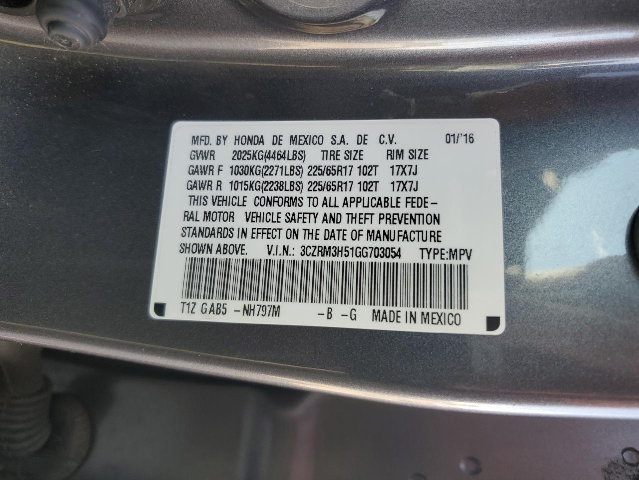 2016 Honda CR-V VIN 3CZRM3H51GG703054 Copart auction photo, front end / side damage thumbnail 16