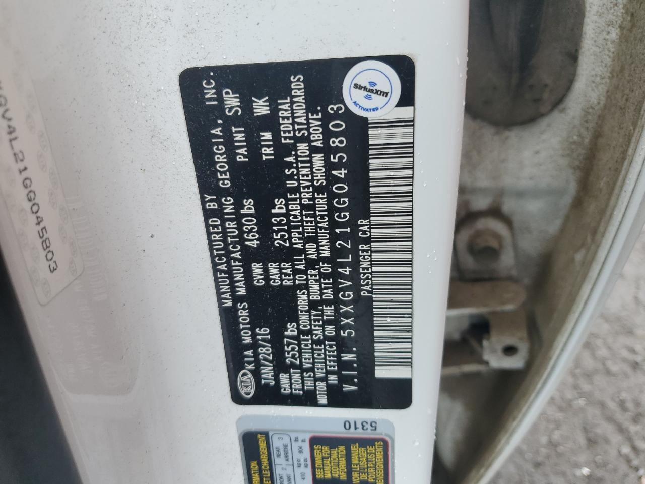 2016 KIA Optima VIN 5XXGV4L21GG045803 Copart auction photo, rear end / front end damage thumbnail 13