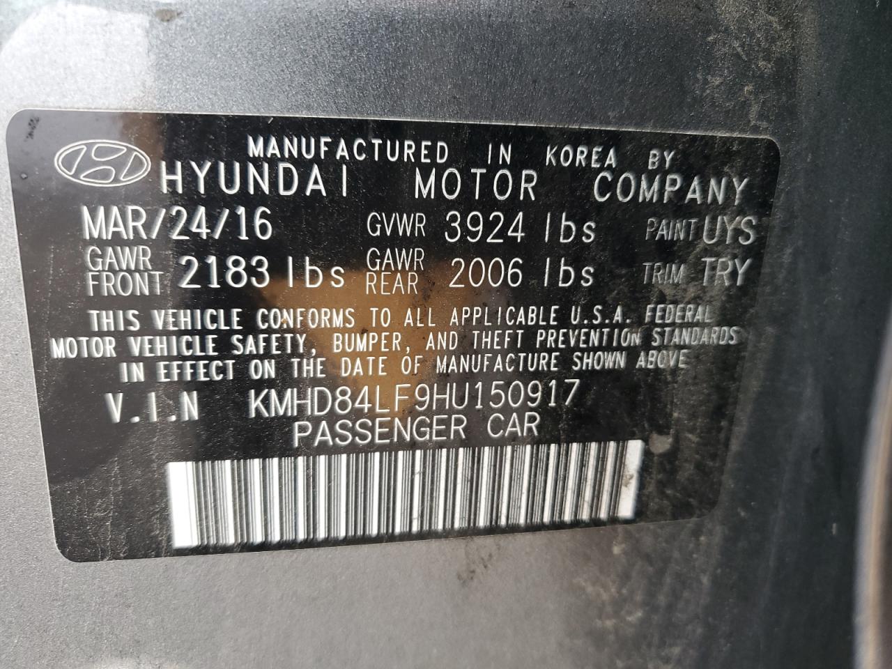 2017 Hyundai Elantra VIN KMHD84LF9HU150917 Copart auction photo, front end / rear end damage thumbnail 12