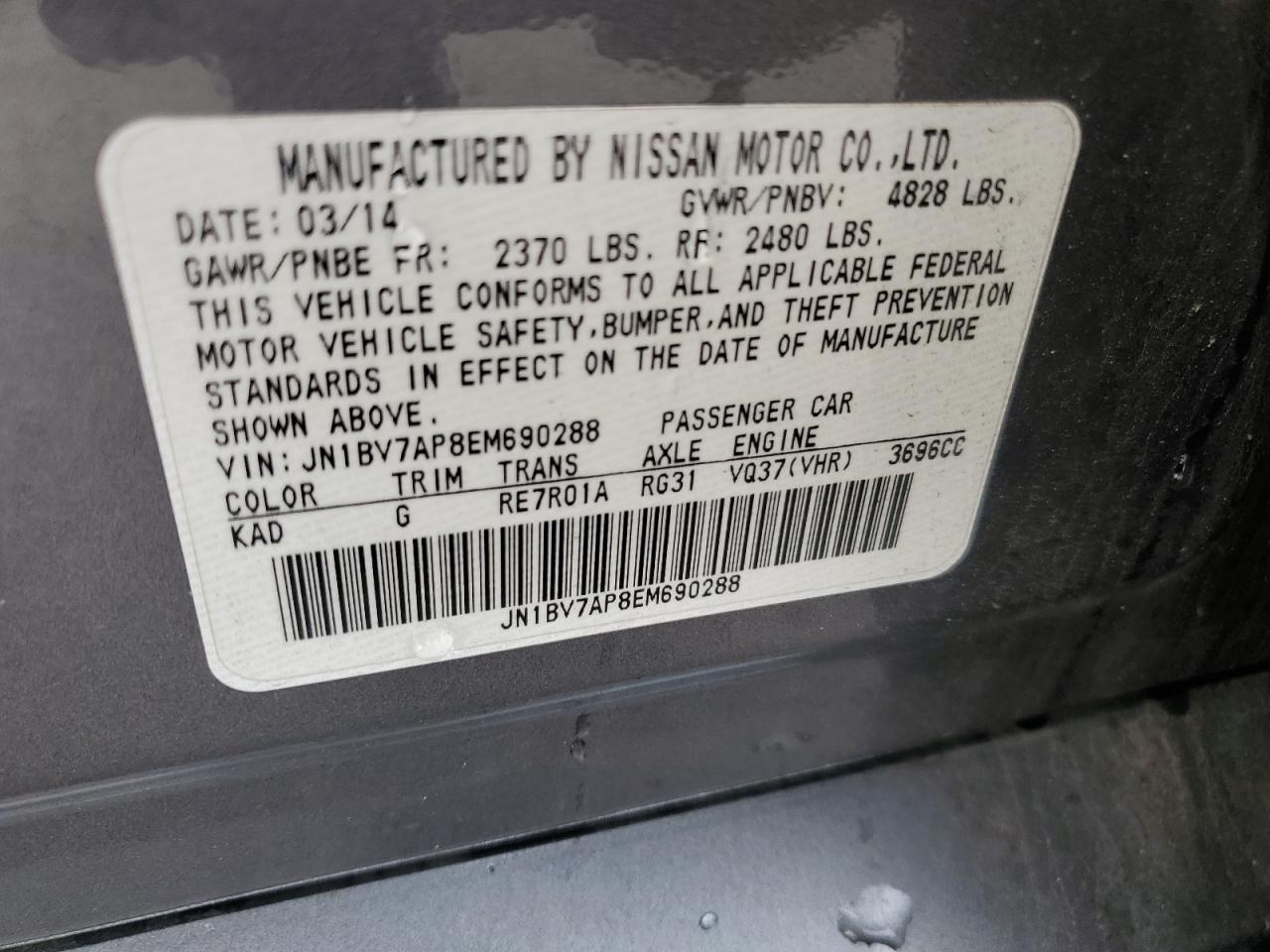 2014 Infiniti Q50 VIN JN1BV7AP8EM690288 Copart auction photo, front end / rear end damage thumbnail 15