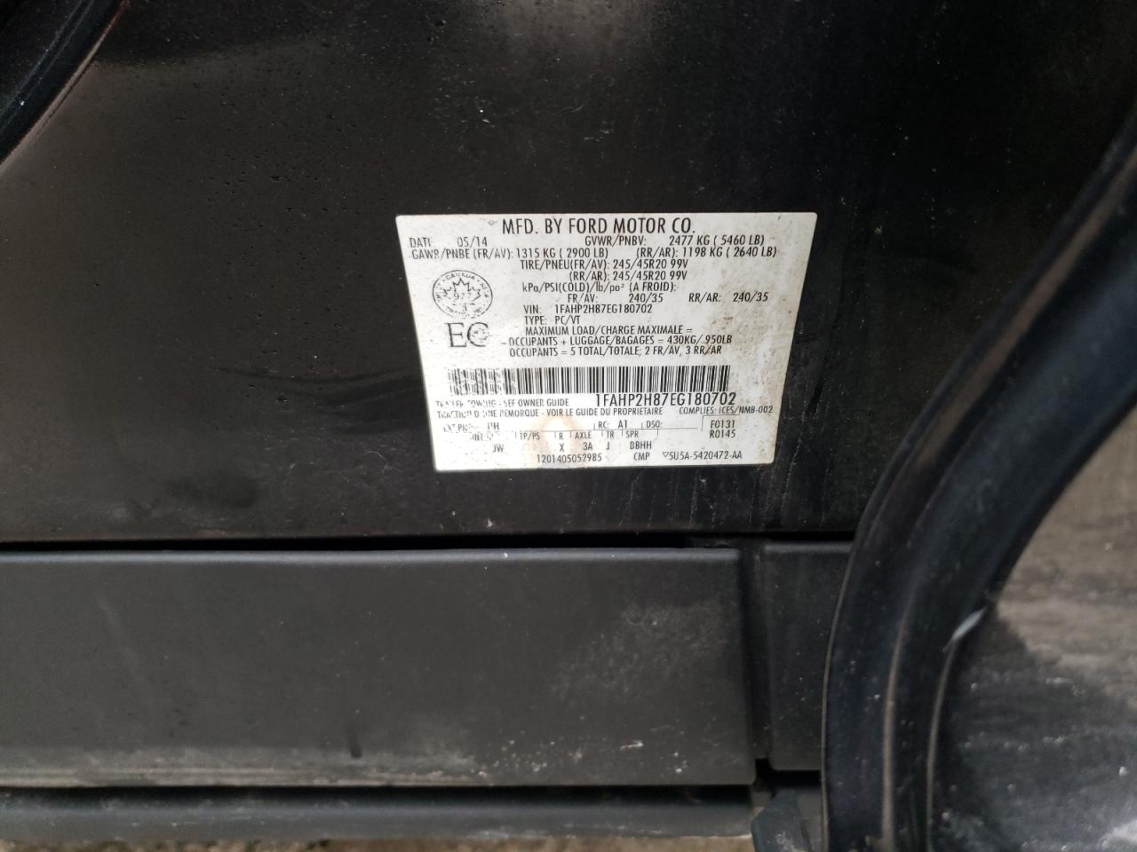 2014 Ford Taurus VIN 1FAHP2H87EG180702 Copart auction photo, rear end damage thumbnail 12