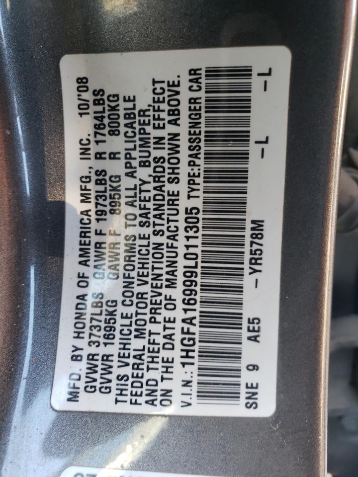 2009 Honda Civic VIN 1HGFA16999L011305 Copart auction photo, front end damage thumbnail 12