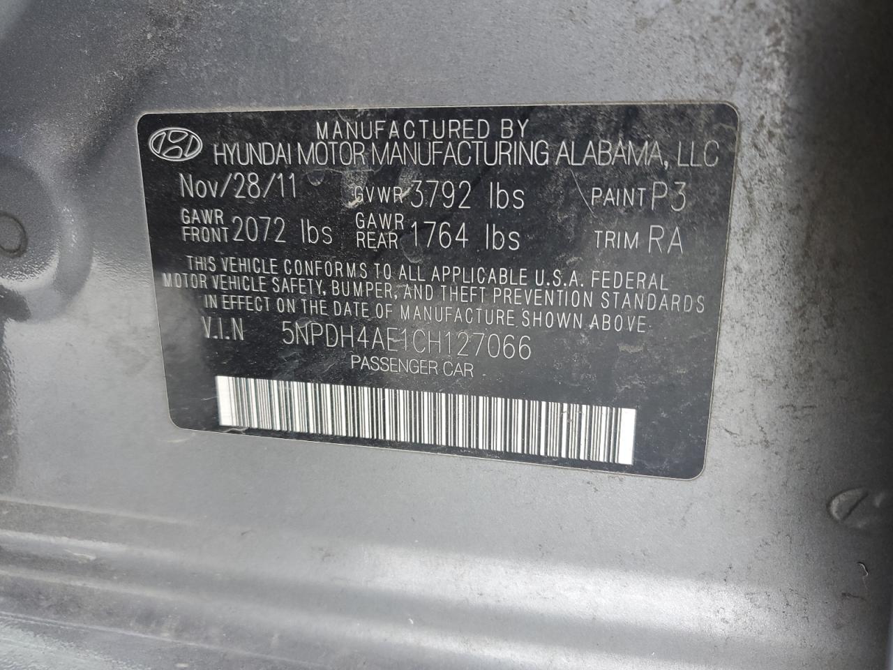 2012 Hyundai Elantra VIN 5NPDH4AE1CH127066 Copart auction photo, front end damage thumbnail 12