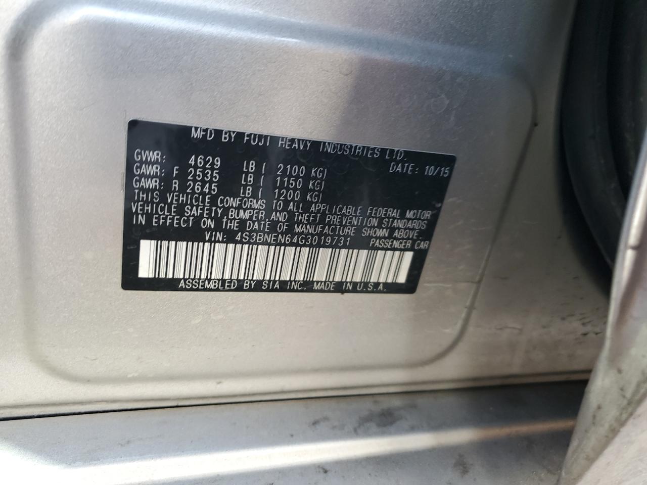 2016 Subaru Legacy VIN 4S3BNEN64G3019731 Copart auction photo, front end damage thumbnail 13