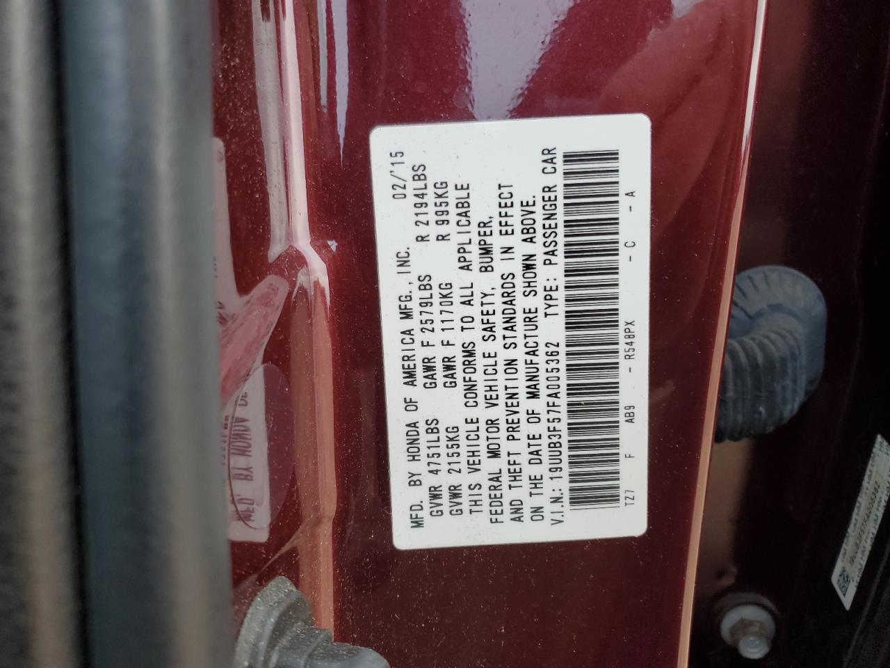 2015 Acura TLX VIN 19UUB3F57FA005362 Copart auction photo, rear end / front end damage thumbnail 14
