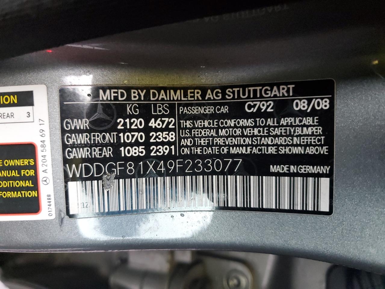 2009 Mercedes-Benz C-klasse VIN WDDGF81X49F233077 Copart auction photo, side / minor dent/scratches damage thumbnail 12