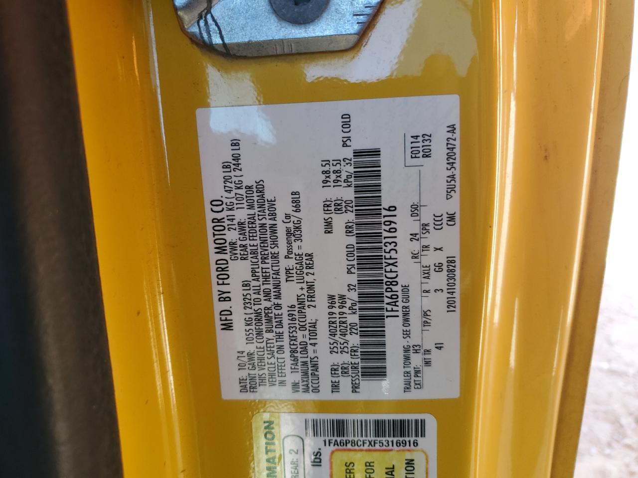 2015 Ford Mustang VIN 1FA6P8CFXF5316916 Copart auction photo, front end damage thumbnail 13