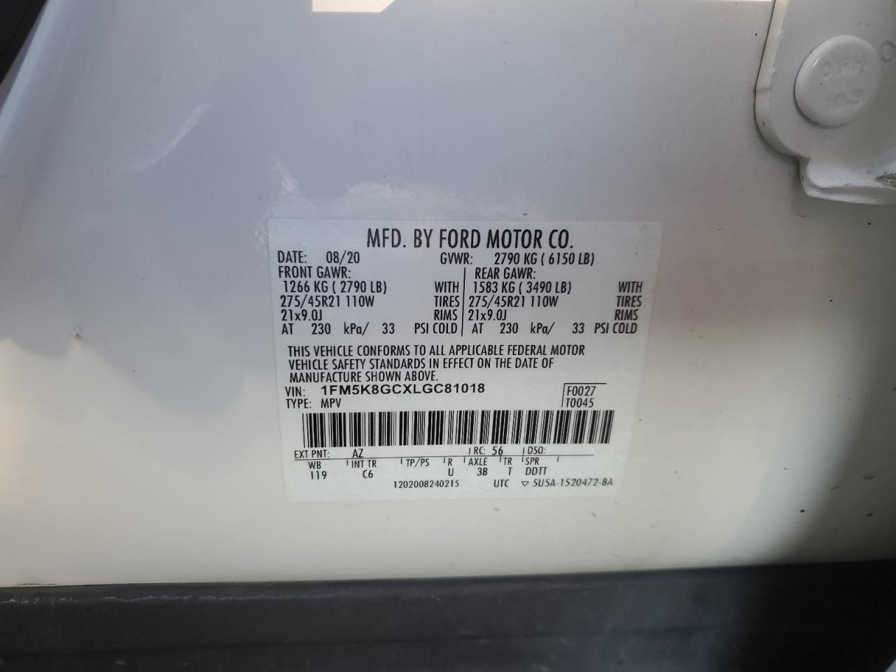 2020 Ford Explorer VIN 1FM5K8GCXLGC81018 Copart auction photo, rear end damage thumbnail 13