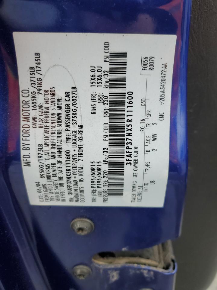 2005 Ford Focus VIN 3FAFP37NX5R111600 Copart auction photo, front end / rear end damage thumbnail 12