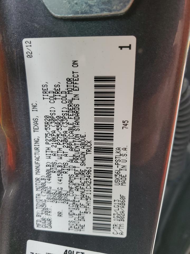 2012 Toyota Tundra VIN 5TFHY5F11CX234961 Copart auction photo, all over damage thumbnail 13
