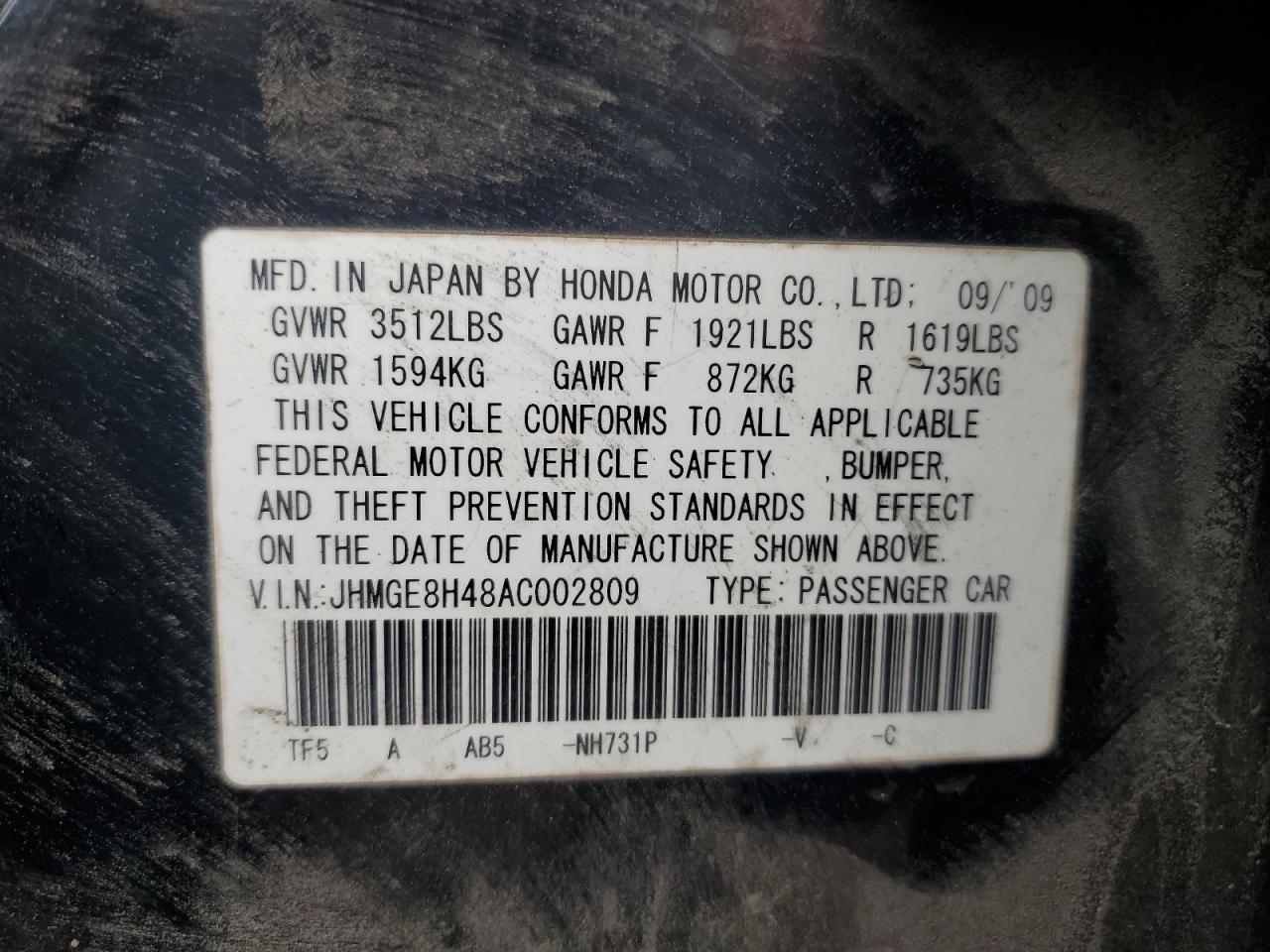 2010 Honda Fit VIN JHMGE8H48AC002809 Copart auction photo, water/flood / all over damage thumbnail 12