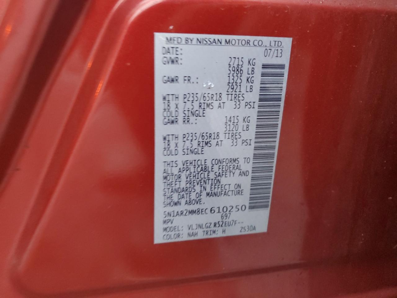 2014 Nissan Pathfinder VIN 5N1AR2MM8EC610250 Copart auction photo, side / front end damage thumbnail 13