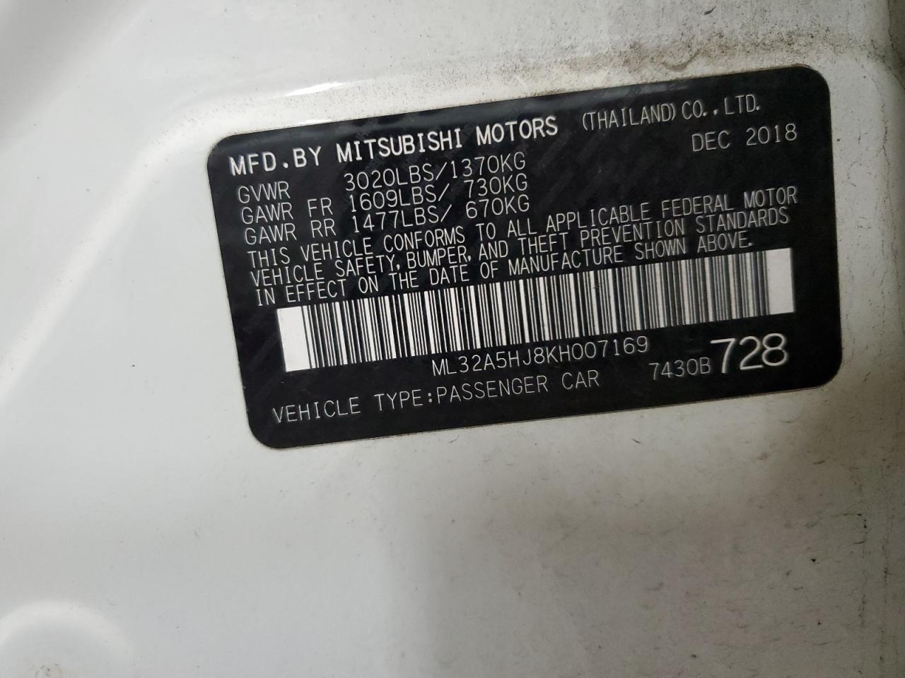 2019 Mitsubishi Mirage VIN ML32A5HJ8KH007169 Copart auction photo, rear end / side damage thumbnail 12