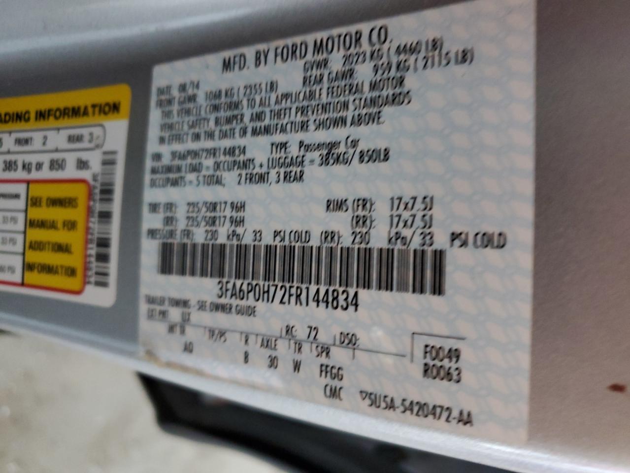 2015 Ford Fusion VIN 3FA6P0H72FR144834 Copart auction photo, front end damage thumbnail 14