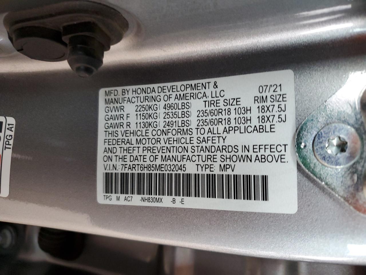 2021 Honda CR-V VIN 7FART6H85ME032045 Copart auction photo, front end damage thumbnail 16