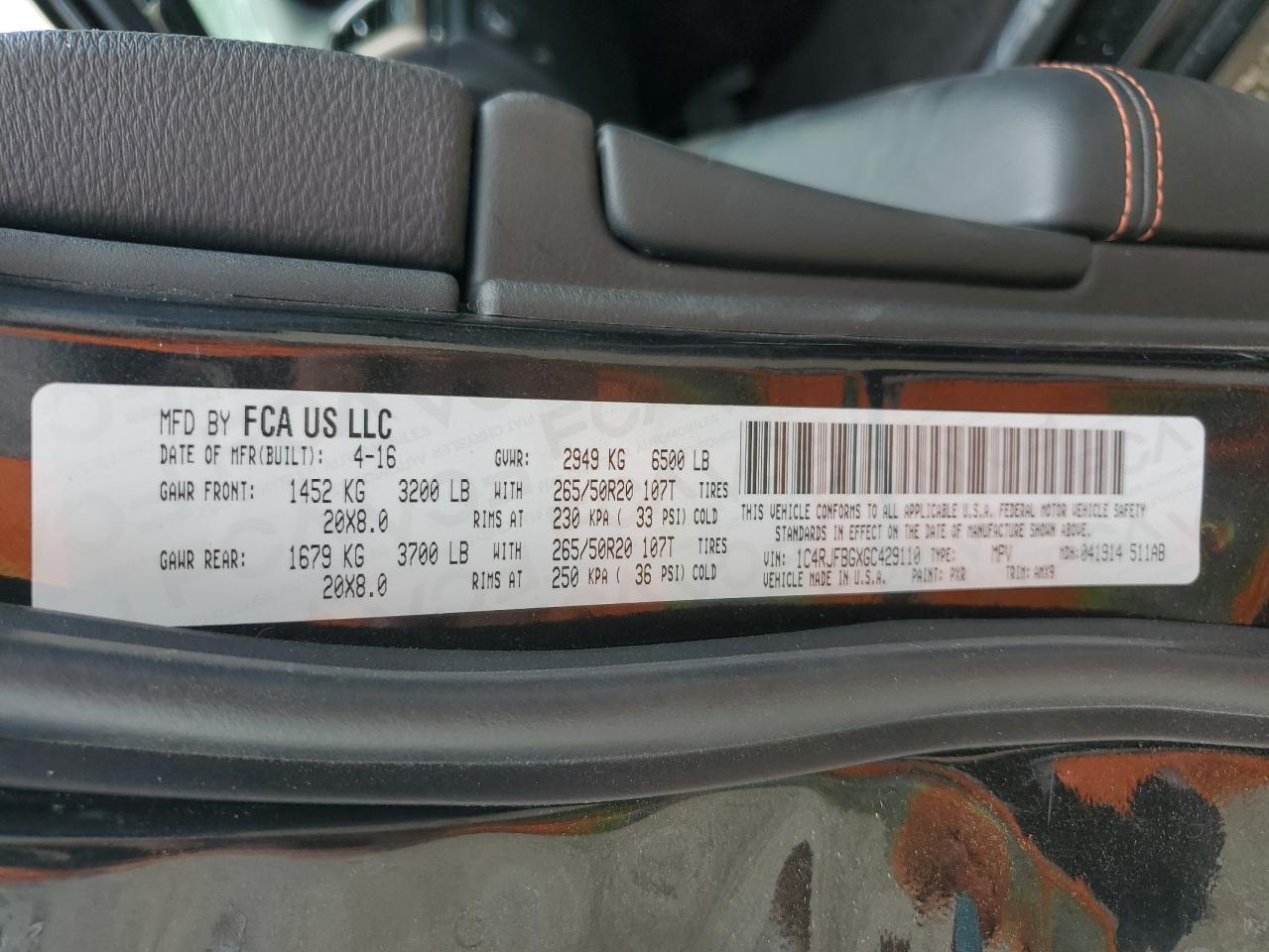 2016 Jeep Grand Cherokee VIN 1C4RJFBGXGC429110 Copart auction photo, all over damage thumbnail 16