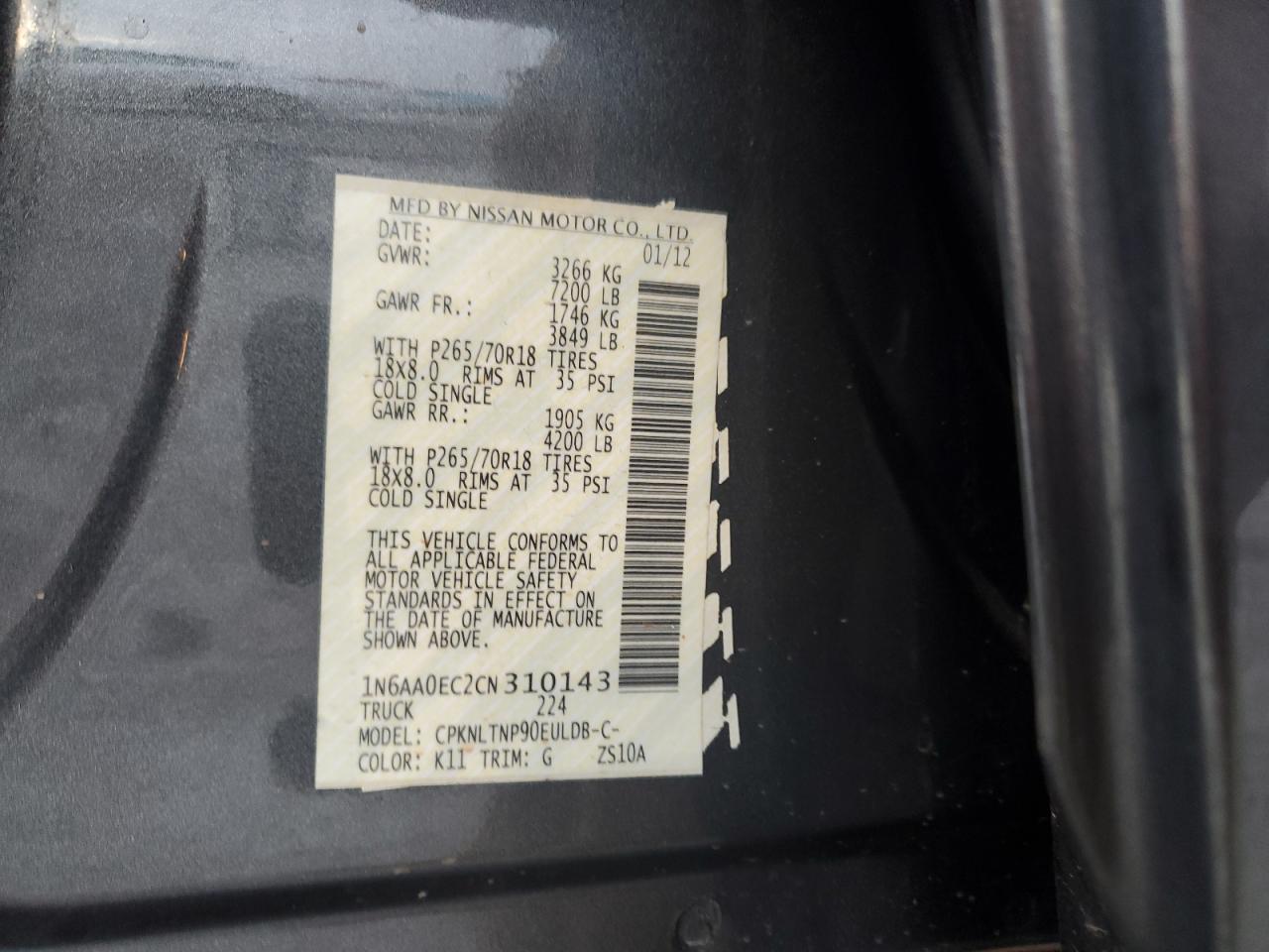 2012 Nissan Titan VIN 1N6AA0EC2CN310143 Copart auction photo, rear end damage thumbnail 14