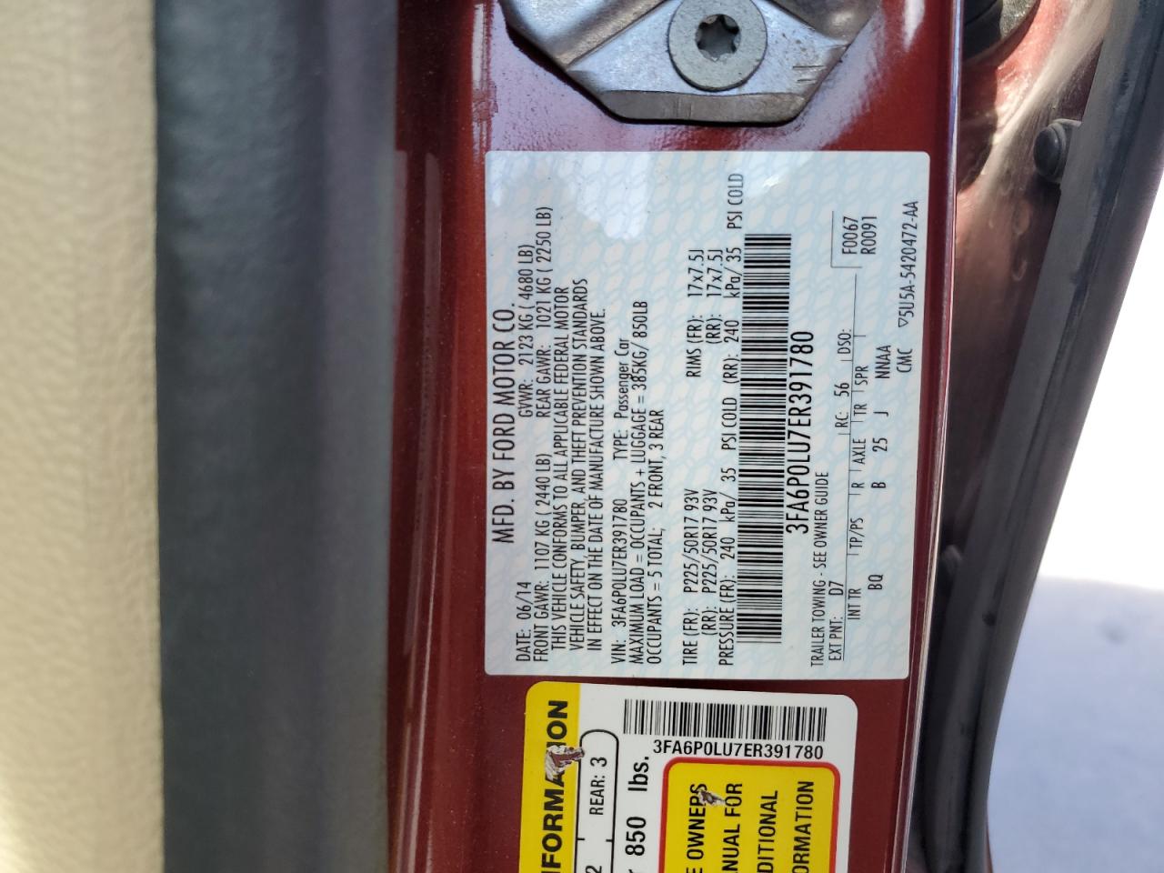 2014 Ford Fusion VIN 3FA6P0LU7ER391780 Copart auction photo, hail / front end damage thumbnail 13