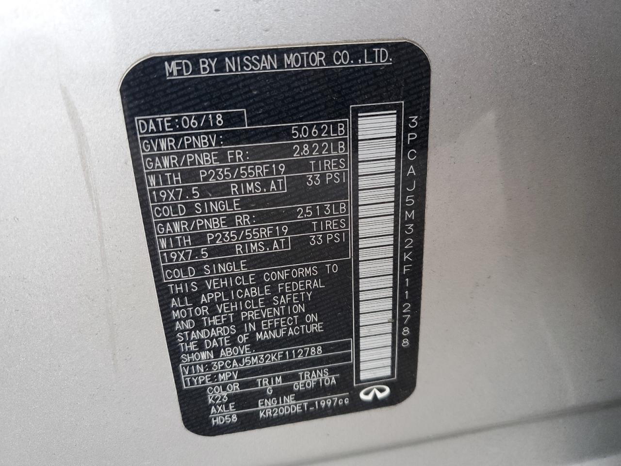 2019 Infiniti QX50 VIN 3PCAJ5M32KF112788 Copart auction photo, front end damage thumbnail 13