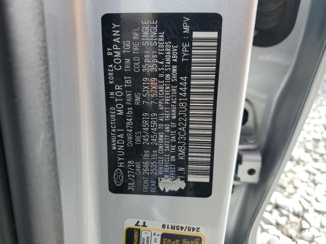 2018 Hyundai Tucson VIN KM8J3CA22JU814444 Copart auction photo, front end / minor dent/scratches damage thumbnail 14