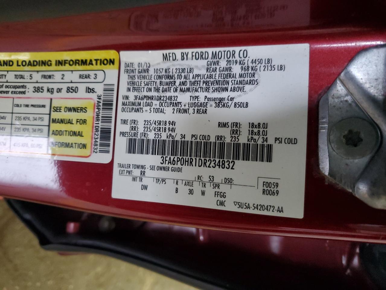 2013 Ford Fusion VIN 3FA6P0HR1DR234832 Copart auction photo, front end damage thumbnail 13