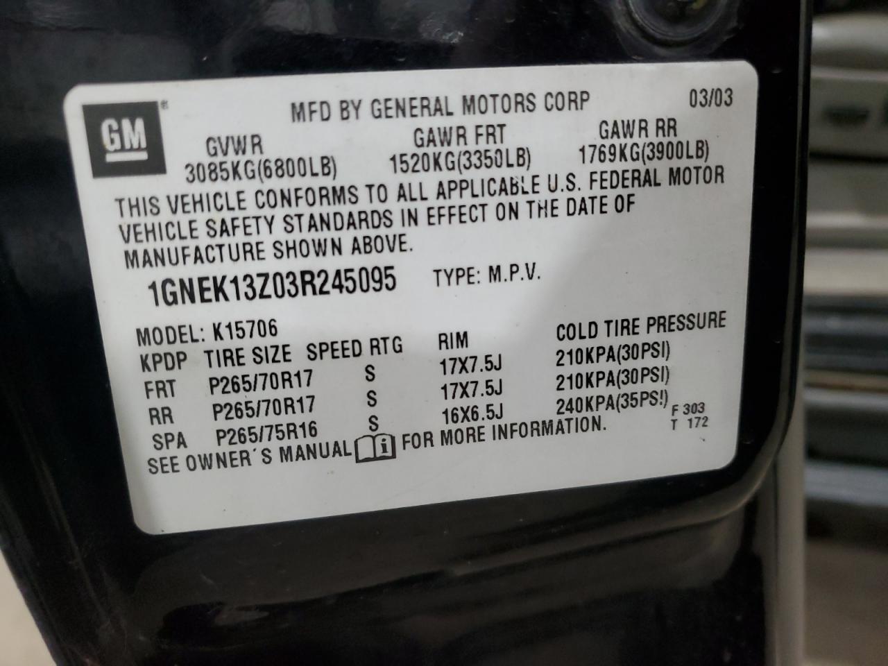 2003 Chevrolet Tahoe VIN 1GNEK13Z03R245095 Copart auction photo, front end damage thumbnail 13