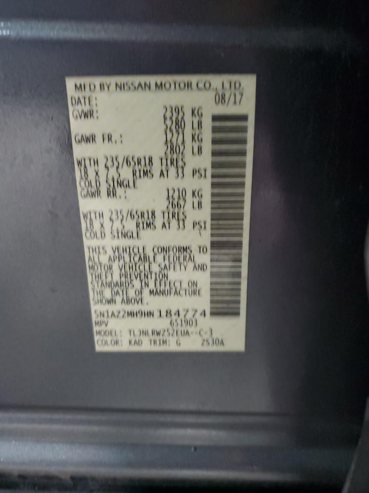 2017 Nissan Murano VIN 5N1AZ2MH9HN184774 Copart auction photo, rear end / front end damage thumbnail 16