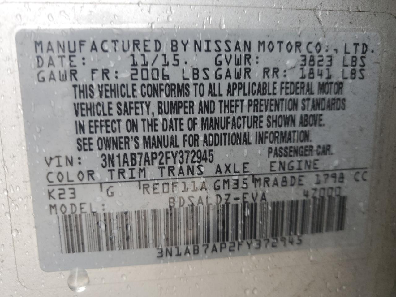 2015 Nissan Sentra VIN 3N1AB7AP2FY372945 Copart auction photo, side damage thumbnail 14