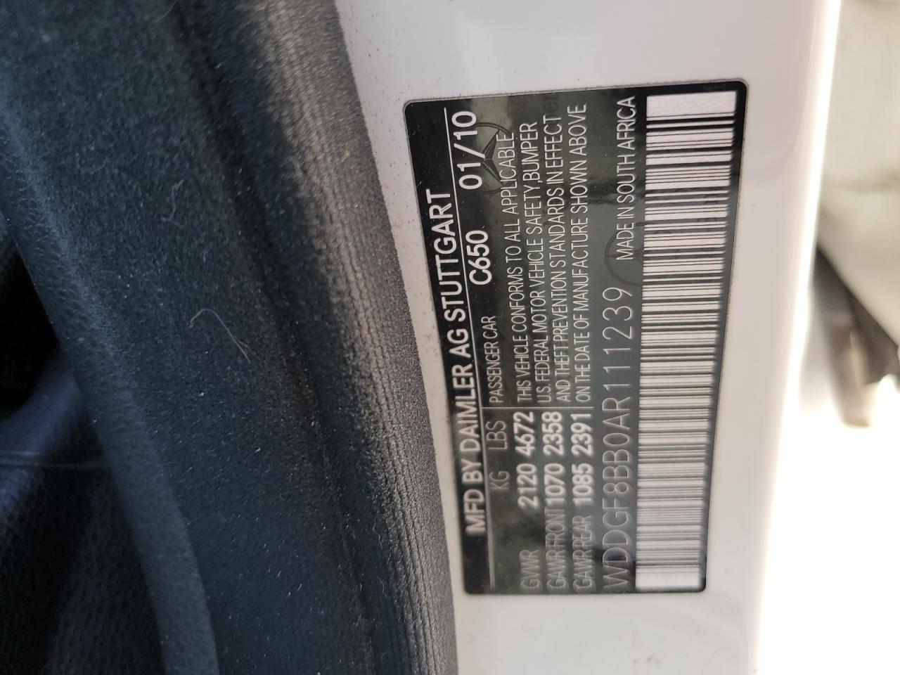 2010 Mercedes-Benz C-klasse VIN WDDGF8BB0AR111239 Copart auction photo, all over damage thumbnail 15