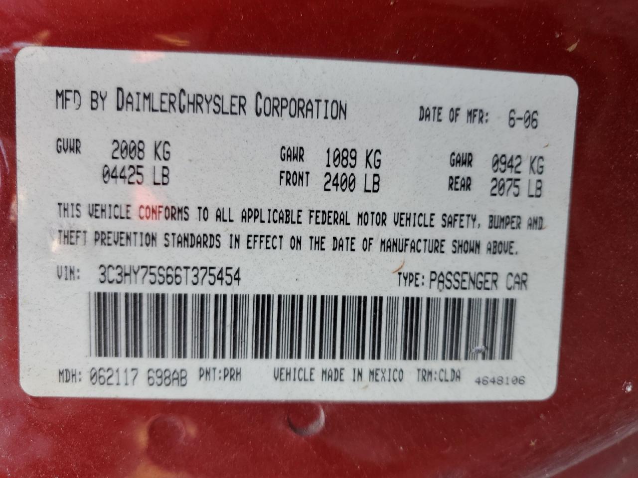 2006 Chrysler PT Cruiser VIN 3C3HY75S66T375454 Copart auction photo, rollover / mechanical damage thumbnail 13