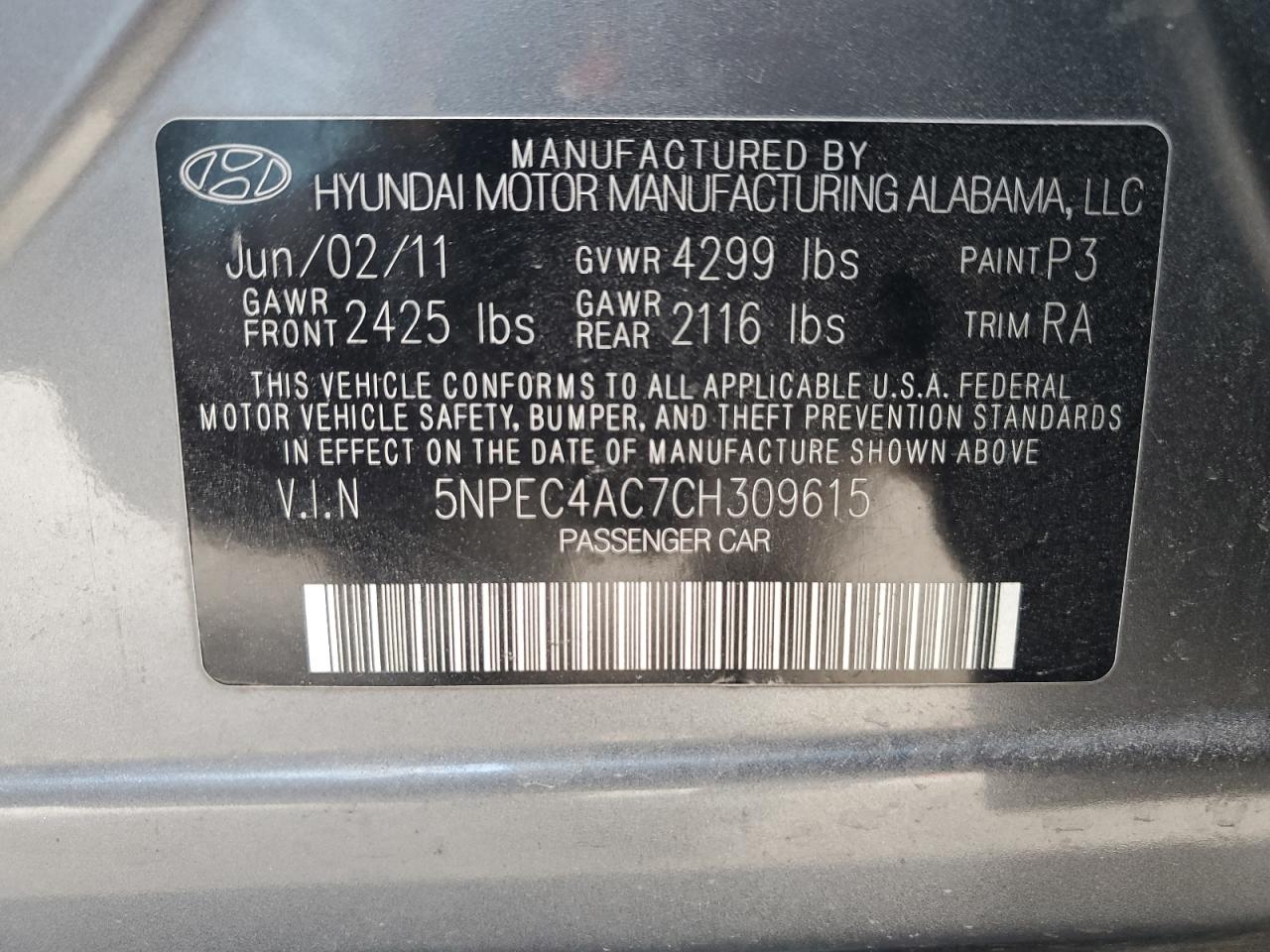 2012 Hyundai Sonata VIN 5NPEC4AC7CH309615 Copart auction photo, all over damage thumbnail 12