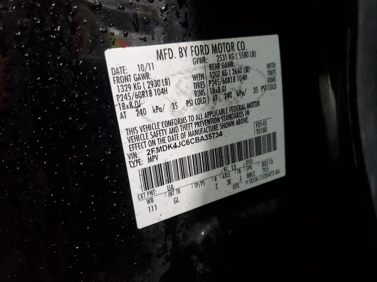 2012 Ford Edge VIN 2FMDK4JC6CBA35734 Copart auction photo, front end / rear end damage thumbnail 14