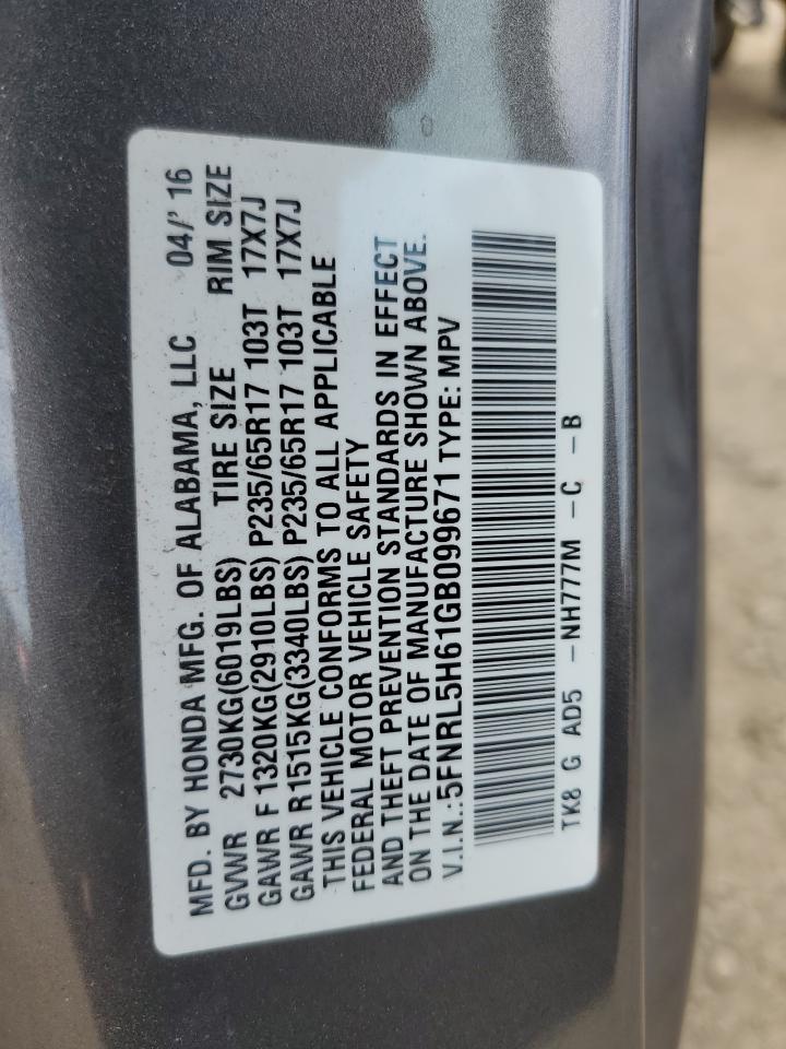 2016 Honda Odyssey VIN 5FNRL5H61GB099671 Copart auction photo, front end / side damage thumbnail 13