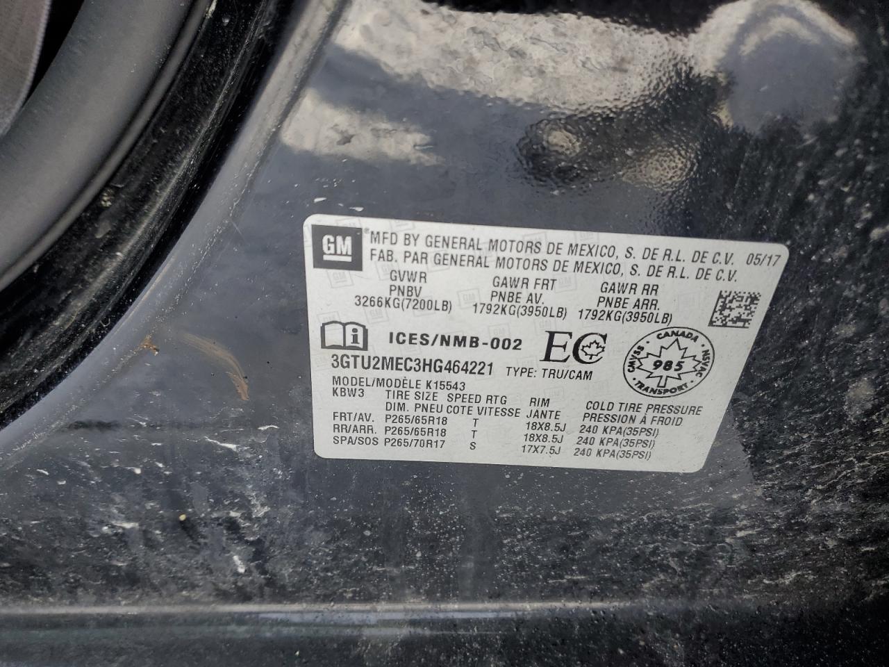 2017 GMC Sierra VIN 3GTU2MEC3HG464221 Copart auction photo, front end / frame damage damage thumbnail 13