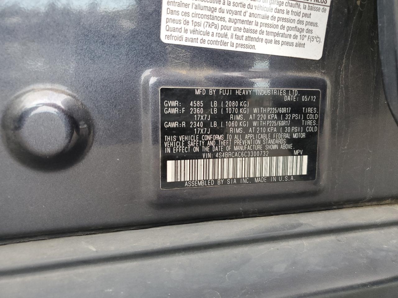 2012 Subaru Outback VIN 4S4BRCAC6C3300732 Copart auction photo, front end damage thumbnail 15