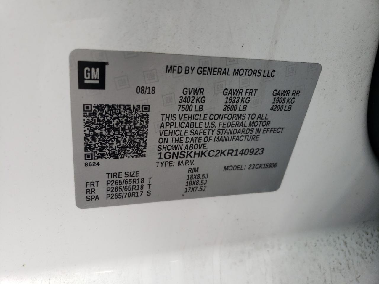 2019 Chevrolet Suburban VIN 1GNSKHKC2KR140923 Copart auction photo, front end / rear end damage thumbnail 14