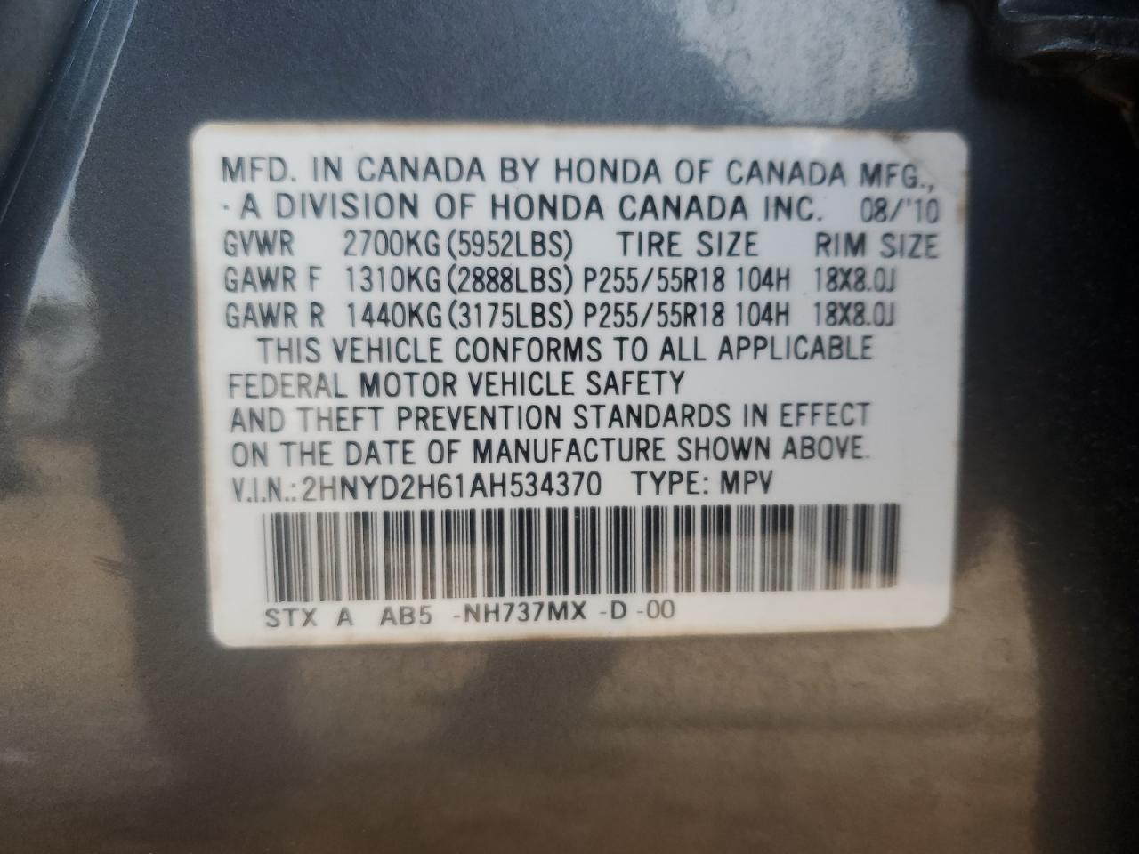 2010 Acura MDX VIN 2HNYD2H61AH534370 Copart auction photo, rear end damage thumbnail 15