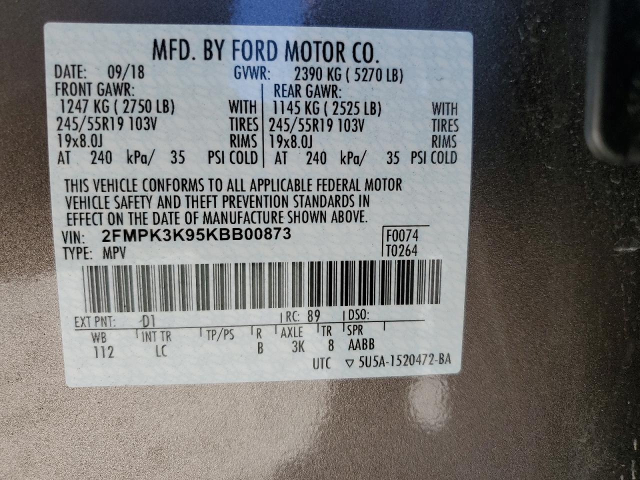 2019 Ford Edge VIN 2FMPK3K95KBB00873 Copart auction photo, all over damage thumbnail 14