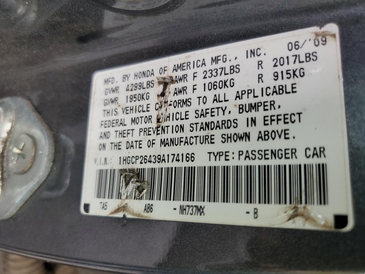2009 Honda Accord VIN 1HGCP26439A174166 Copart auction photo, front end damage thumbnail 13