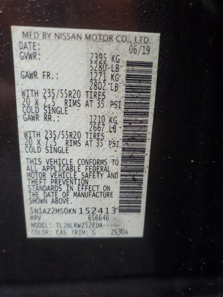 2019 Nissan Murano VIN 5N1AZ2MS0KN152413 Copart auction photo, undercarriage / front end damage thumbnail 15