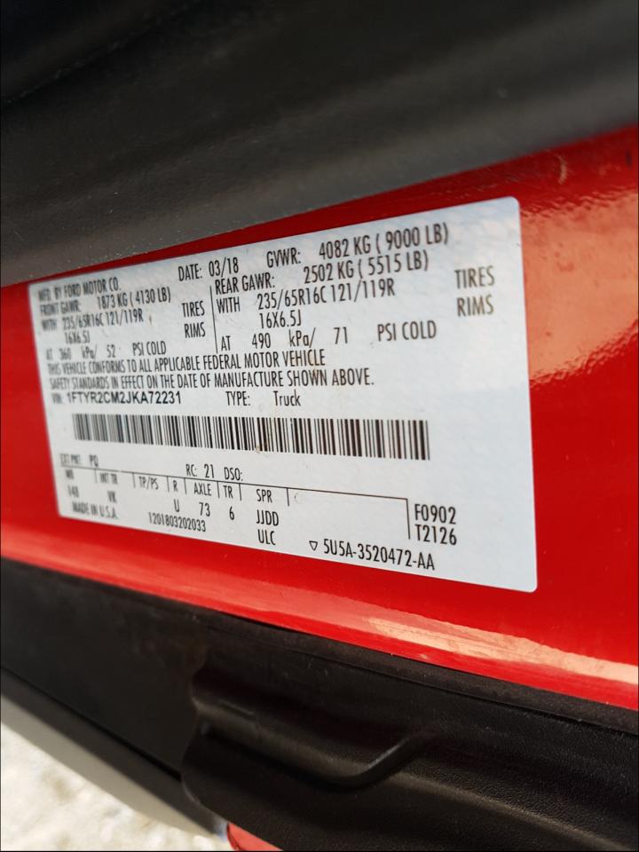 2018 Ford Transit VIN 1FTYR2CM2JKA72231 Copart auction photo, front end damage thumbnail 10